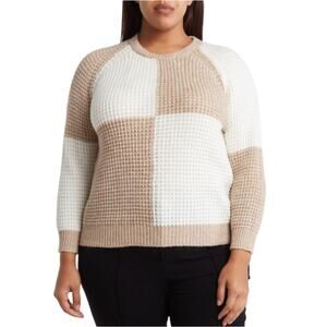 T Tahari Womens 2X Checker Board Pullover Sweater in Camel and Ivory NEW